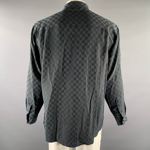 ALFANI Size L Black Grey Checkered Stripe Modal Blend Pointed Collar Long Sleeve Shirt