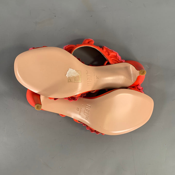 RED VALENTINO Size 7 Orange Pink Ruffled Strappy Sandals
