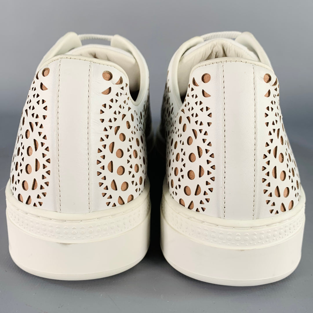ALAIA Size 8 White Tan Laser Cut Leather Lace-Up Low Top Sneakers