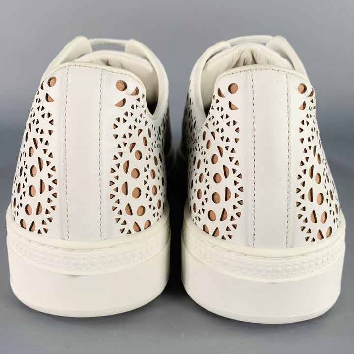 ALAIA Size 8 White Tan Laser Cut Leather Lace-Up Low Top Sneakers