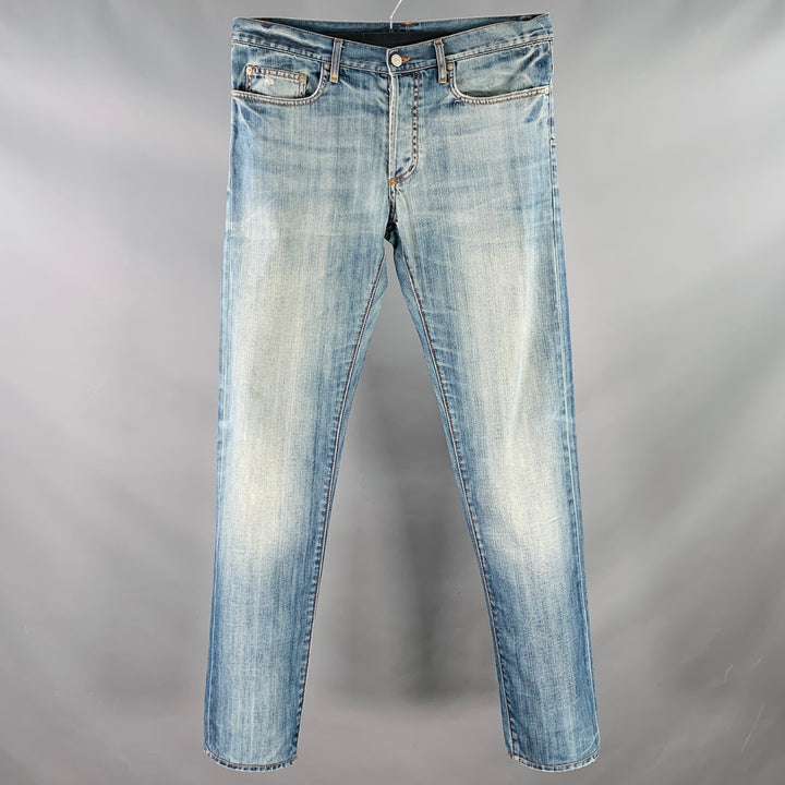 DIOR Size 34 Blue Washed Cotton Distressed Straight Button Fly Jeans