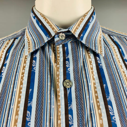 ROBERT GRAHAM Size L Blue Brown Stripe Cotton Button Up Long Sleeve Shirt