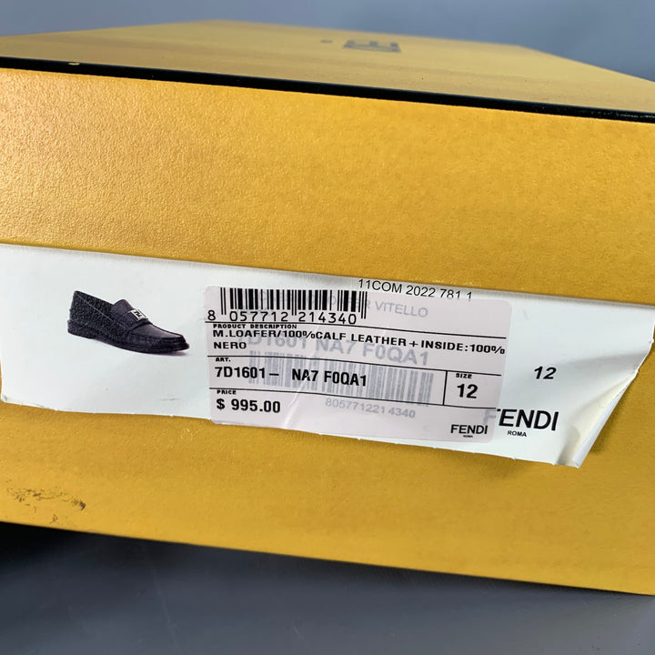 FENDI Size 13 Black Silver Calfskin Leather Monogram Buckle Slip On Loafers