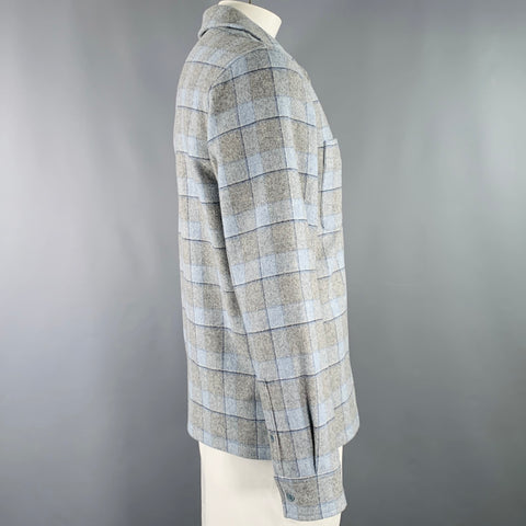 SANDRO Size L Blue Grey Window Pane Wool Blend Zip Up Jacket