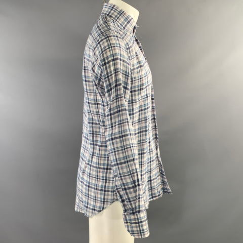 ETRO Size M Blue Pink Plaid Linen Blend Button Up Long Sleeve Shirt