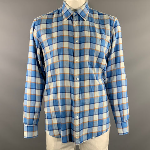 FRAY Size L Blue Orange & White Plaid Cotton Pointed Collar Long Sleeve Shirt