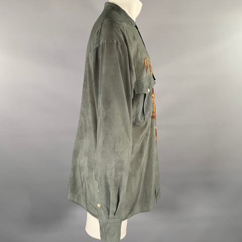 BED J.W. FORD Grey Brown Floral Cotton Blend Band Collar Long Sleeve Shirt