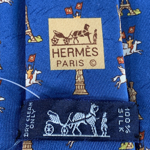 HERMES Eiffel Meets Liberty Blue Beige Silk Tie