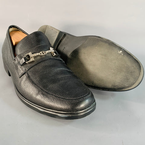 BALLY Size 12 Cadore Black Silver Tone Pebble Grain Leather Horsebit Loafers