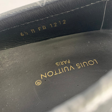 LOUIS VUITTON Size 7.5 Black Grey Logo Leather Loafers