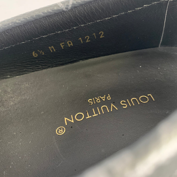LOUIS VUITTON Size 7.5 Black Grey Logo Leather Loafers