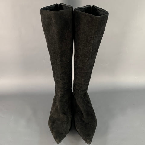 PRADA Size 7.5 Black Silver Suede Back Zip Pointed Toe Calf High Boots