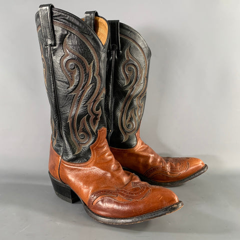 TONY LAMA Size 10 Black Brown Embroidery Leather Boots
