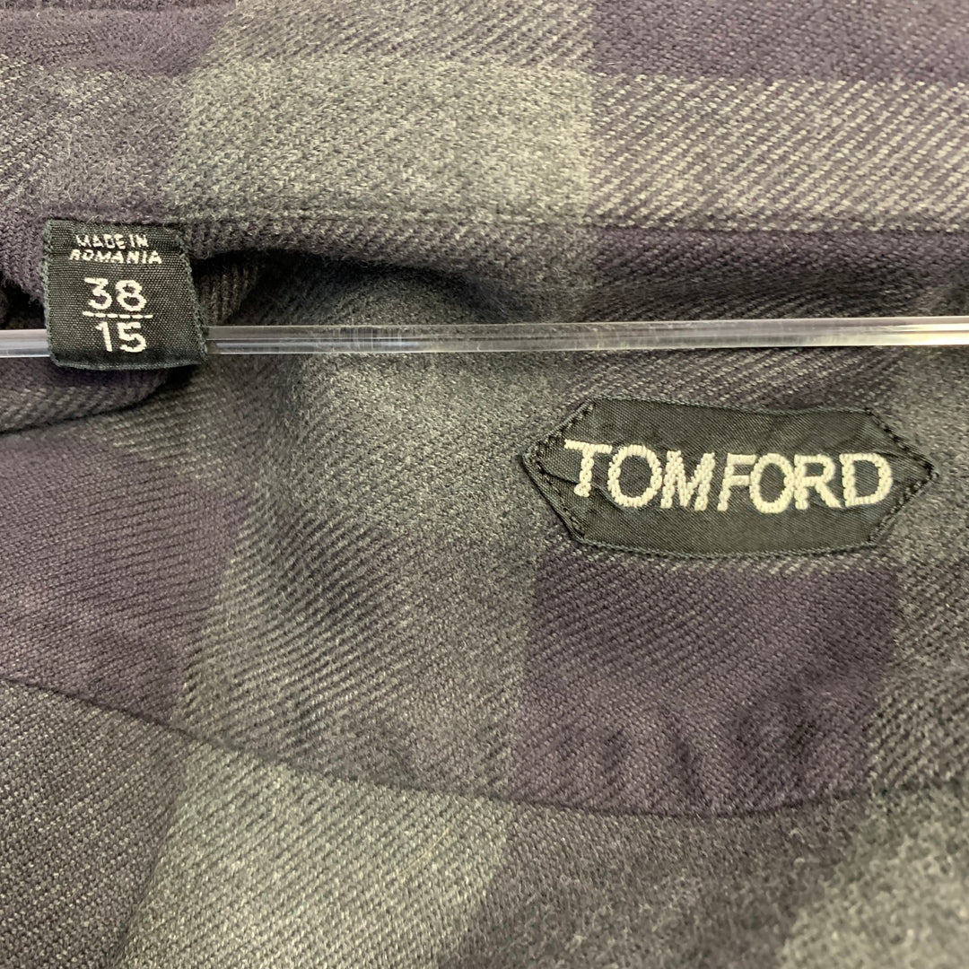 TOM FORD Size S Navy Grey Checkered Cotton Button Down Collar Long Sleeve Shirt