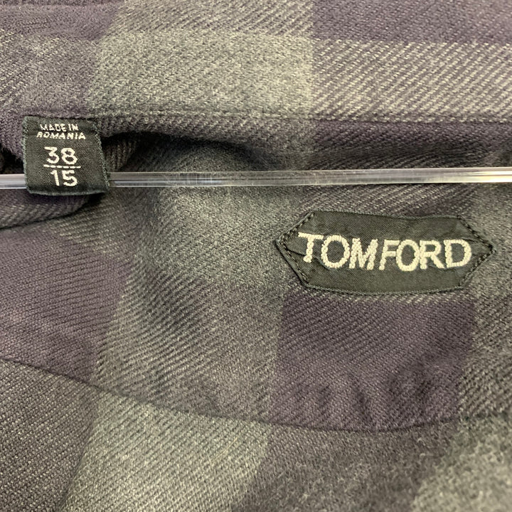 TOM FORD Size S Navy Grey Checkered Cotton Button Down Collar Long Sleeve Shirt