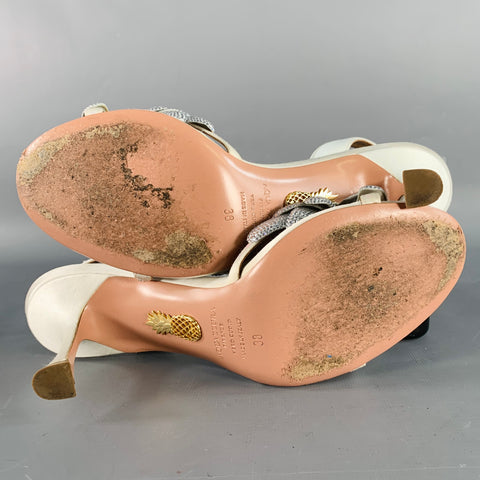 AQUAZZURA Size 8 Silver Silk Floral Rhinestone Embellishment Slingback Sandals