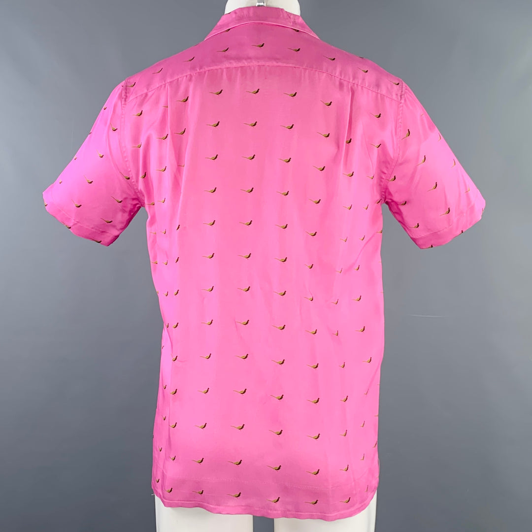 DRIES VAN NOTEN Size S Pink Green Black Birds Short Sleeve Shirt