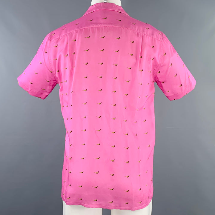 DRIES VAN NOTEN Size S Pink Green Black Birds Short Sleeve Shirt