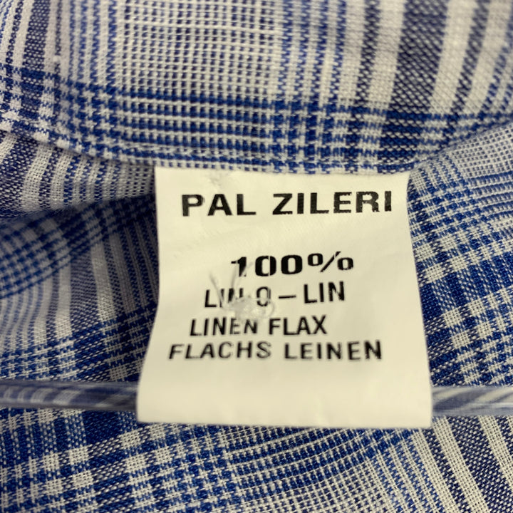 PAL ZILERI Size L Blue White Plaid Linen Short Sleeve Shirt