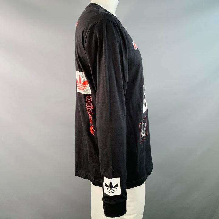 ADIDAS Size L Black Red Logo Cotton Crew Neck Pullover