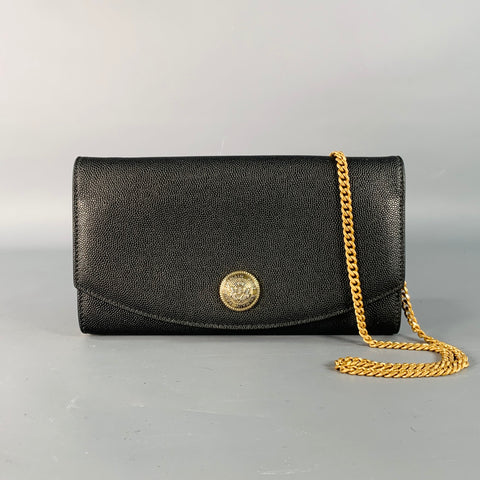 BALMAIN One Size Black Gold Chain Link Pebble Grain Leather Handbag