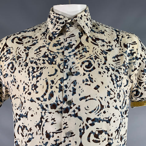 ROBERT GRAHAM Size L Beige Blue & Black Print Silk Button Up Short Sleeve Shirt