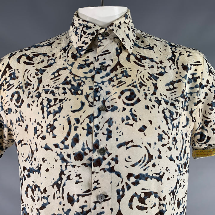 ROBERT GRAHAM Size L Beige Blue & Black Print Silk Button Up Short Sleeve Shirt