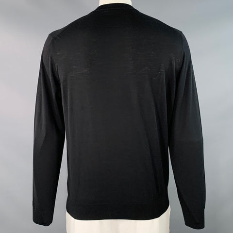 PRADA Size L Black White Jersey Logo Wool Long Sleeve Pullover