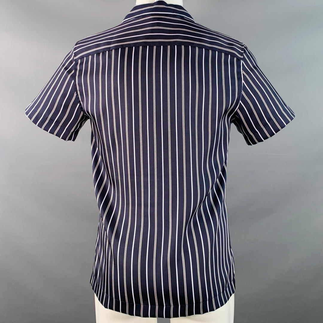 REISS Size S Svenson Navy White Stripe Polyester Regular Fit Camp Short Sleeve Shirt