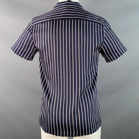 REISS Size S Svenson Navy White Stripe Polyester Regular Fit Camp Short Sleeve Shirt