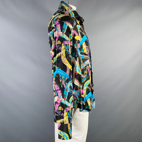 BILLIONAIRE COUTURE Size XL Black Multi Color Print Silk Long Sleeve Shirt