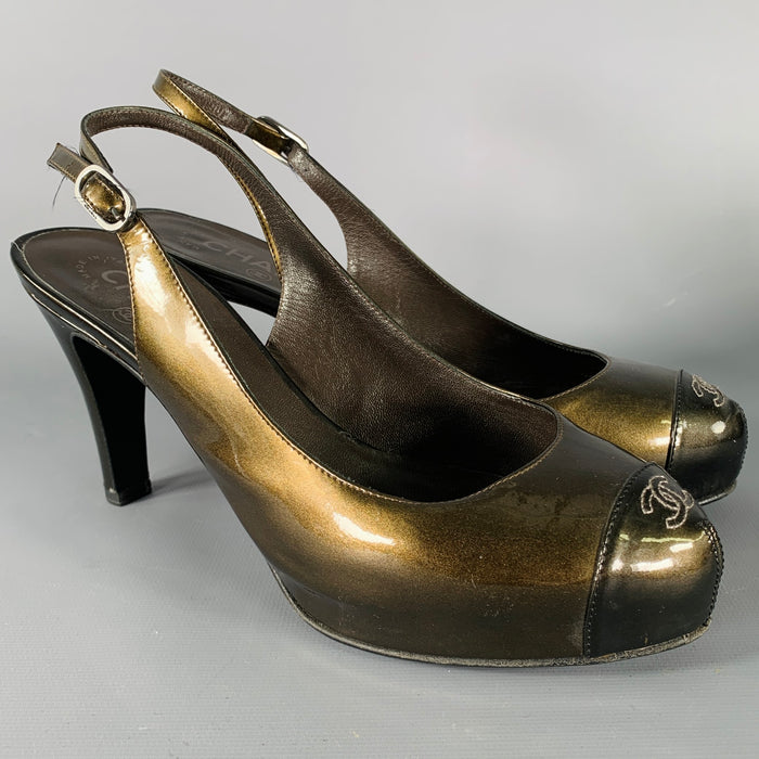 CHANEL Size 8.5 Brown Olive Glittered Patent Leather Slingback Heels  Pumps