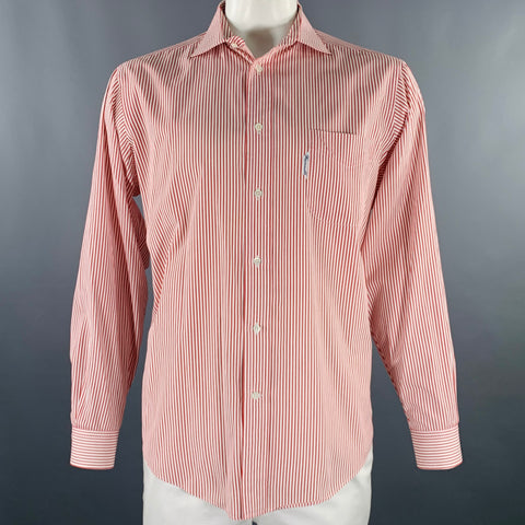 FACONNABLE Size L White Red Stripe Cotton One Pocket Long Sleeve Shirt