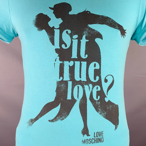 LOVE MOSCHINO Size L Grey Turquoise Graphic Cotton Blend T-shirt