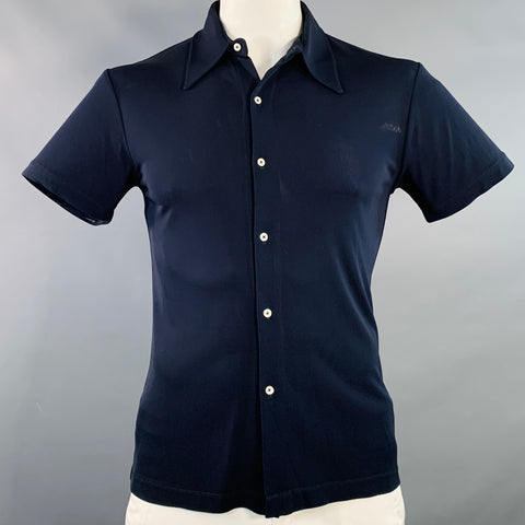 DANIEL CLEARY Size L Navy Rayon Jersey Pointed Collar Short Sleeve Shirt