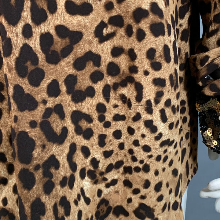 DOLCE & GABBANA Size L Brown Viscose Blend Leopard Sequin Trim Snaps Shirt