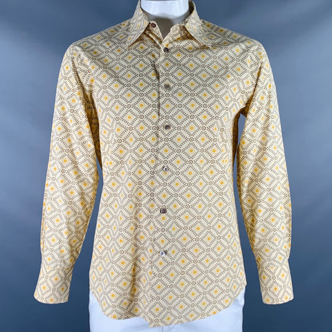 JOHN VARVATOS Size L Yellow Brown Abstract Dots Print Cotton Long Sleeve Shirt