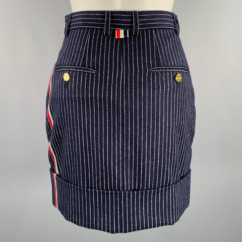 THOM BROWNE Size 0 Navy White Wool Cashmere Pinstripe Cuffed Mini Skirt
