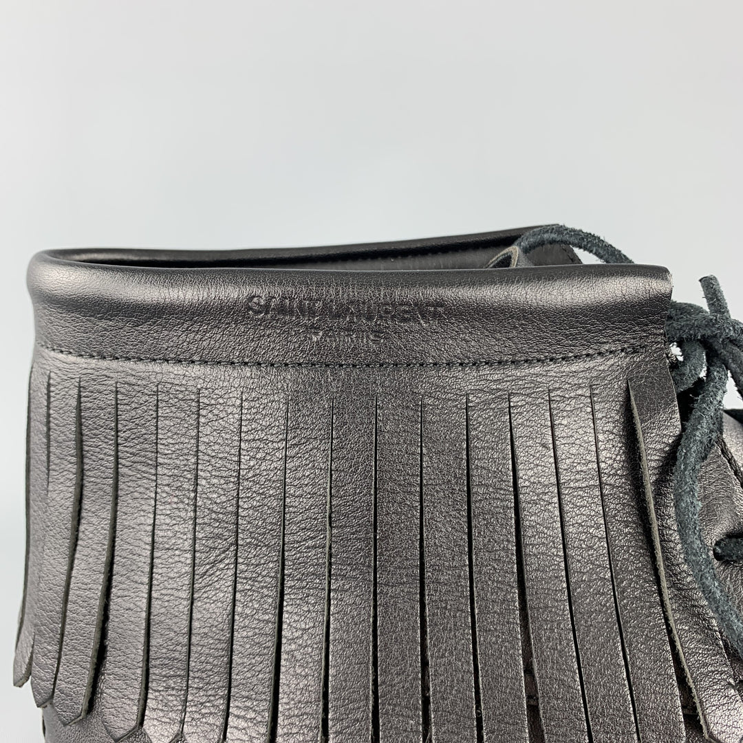 SAINT LAURENT Size 12 Black Leather Fringed Moccasin Style Boot Sneakers