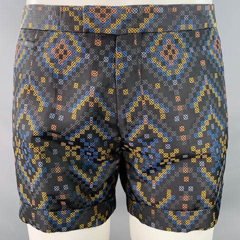 MATTHEW WILLIAMSON Size S Black Multi Color Textured Polyester Silk Shorts Suit