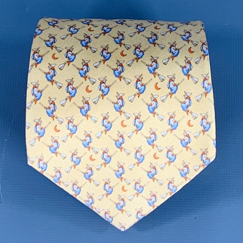 SALVATORE FERRAGAMO Halloween Witches Yellow Multi Color Print Silk Tie