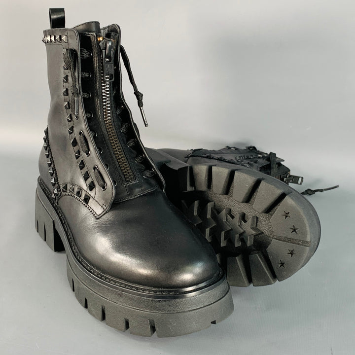 ASH Size 10 Lynch Studs Black Studded Leather Lug Sole Zip Up Combat Boots