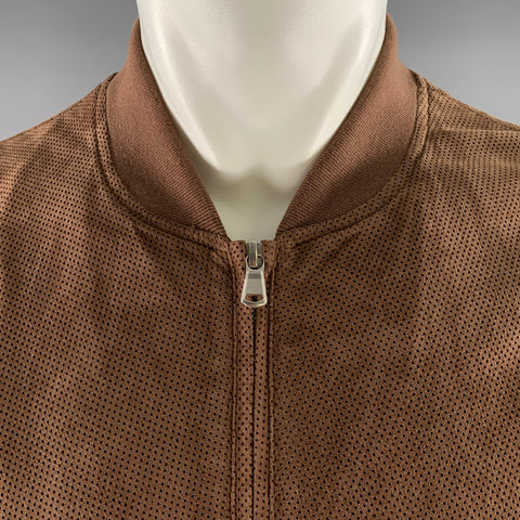 BRUNELLO CUCINELLI Size L Brown Perforated Leather Bomber Jacket