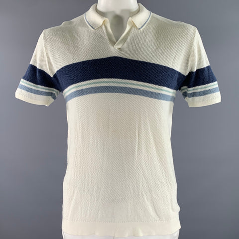 MARINE LAYER Size L Navy White Blue Color Block Stripe Cotton Polo