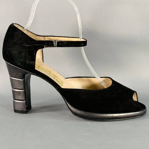 SALVATORE FERRAGAMO Size 9 Black Suede Peep Toe Stacked Heel Ankle Strap Sandals