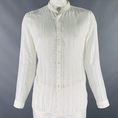 JOHN VARVATOS Chemise à manches longues en lin texturé blanc à col officier Taille L
