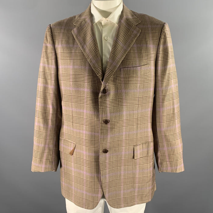 KITON Size 48 Brown Purple Glen Check Cashmere Notch Lapel Sport Coat