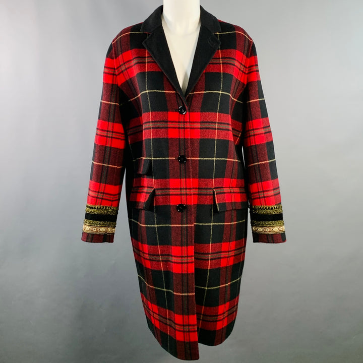 THE KOOPLES Size S Red Black Yellow Wool Blend Plaid Notch Lapel Coat