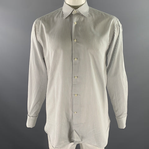ERMENEGILDO ZEGNA Size L White Navy Stripe Cotton French Cuff Long Sleeve Shirt