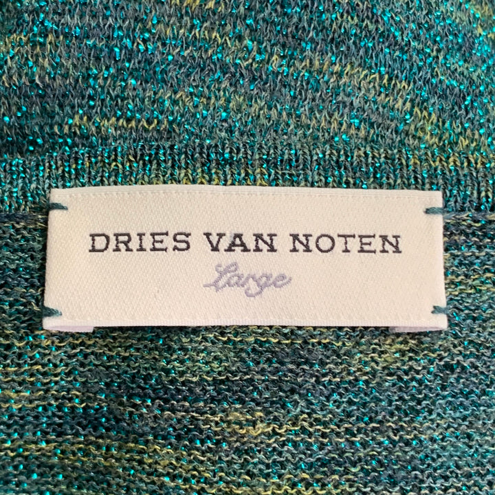 DRIES VAN NOTEN Size L Metallic Green Blue Rayon Blend 3/4 Sleeves Cardigan